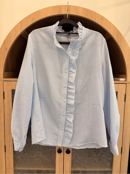 Tops - Light Blue Ruffle Button-Front Blouse
